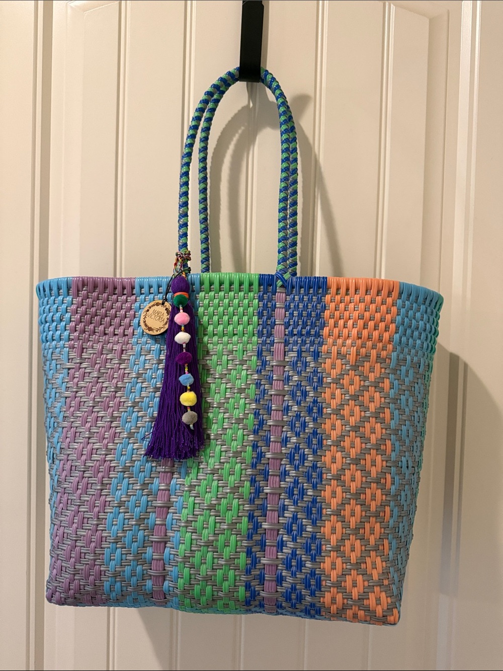 Maria Victoria Handwoven Upcycled Plastic Tote  Purple, Blue ,Green